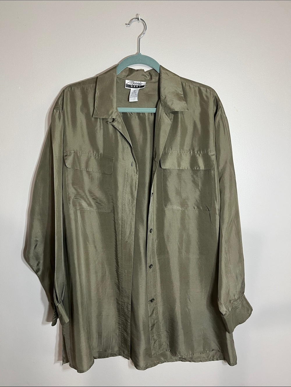 100% Silk Vintage Marnie West Lightweight Olive Green Button -Front Shirt Jacket